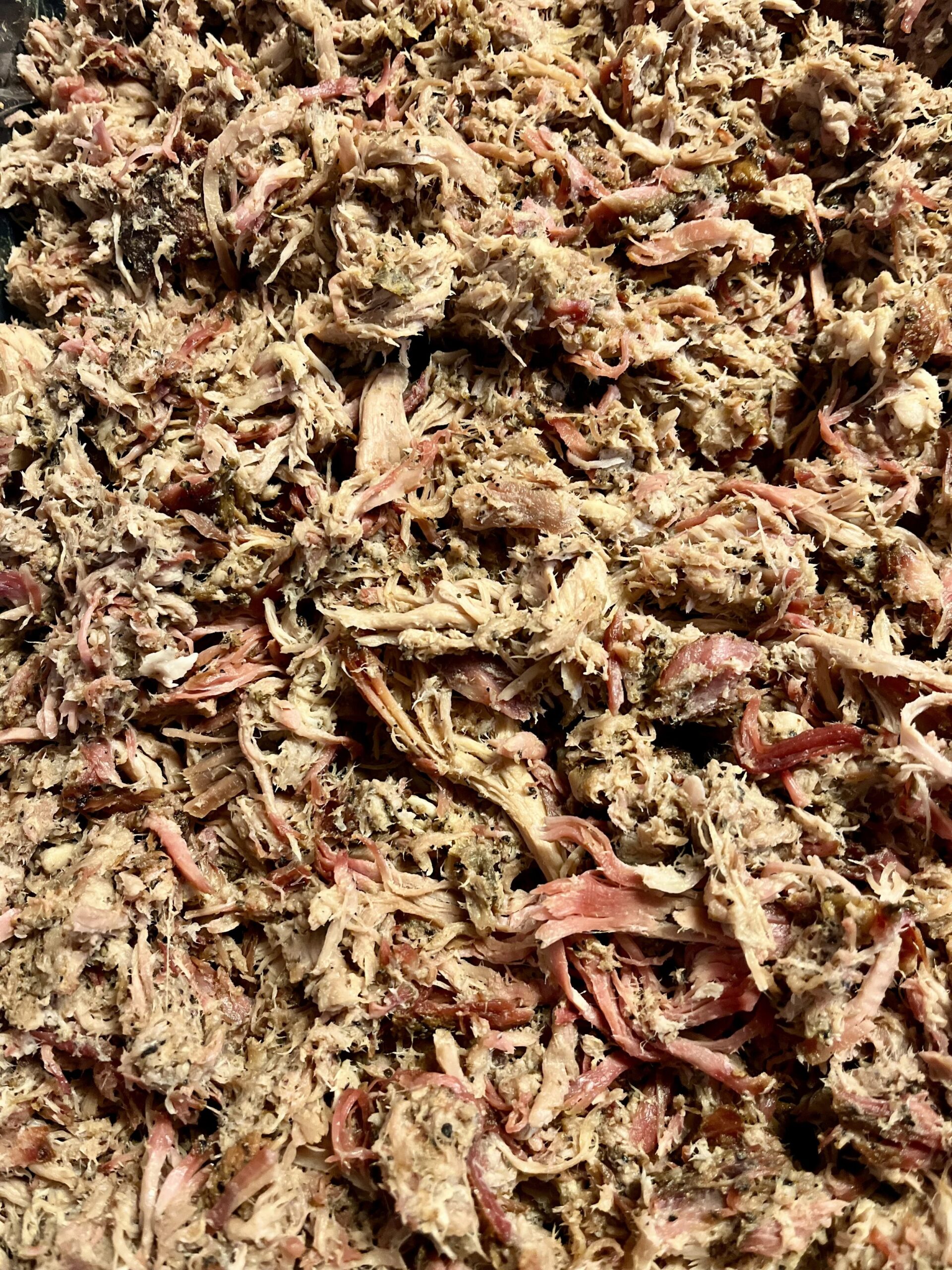 Amanda+Newman-Wyatt+Family+Meats+-+IMG_6462 (1) Shredded cooked meat with a mix of light and dark fibers, showcasing a flavorful texture ideal for sandwiches, tacos, or BBQ dishes.